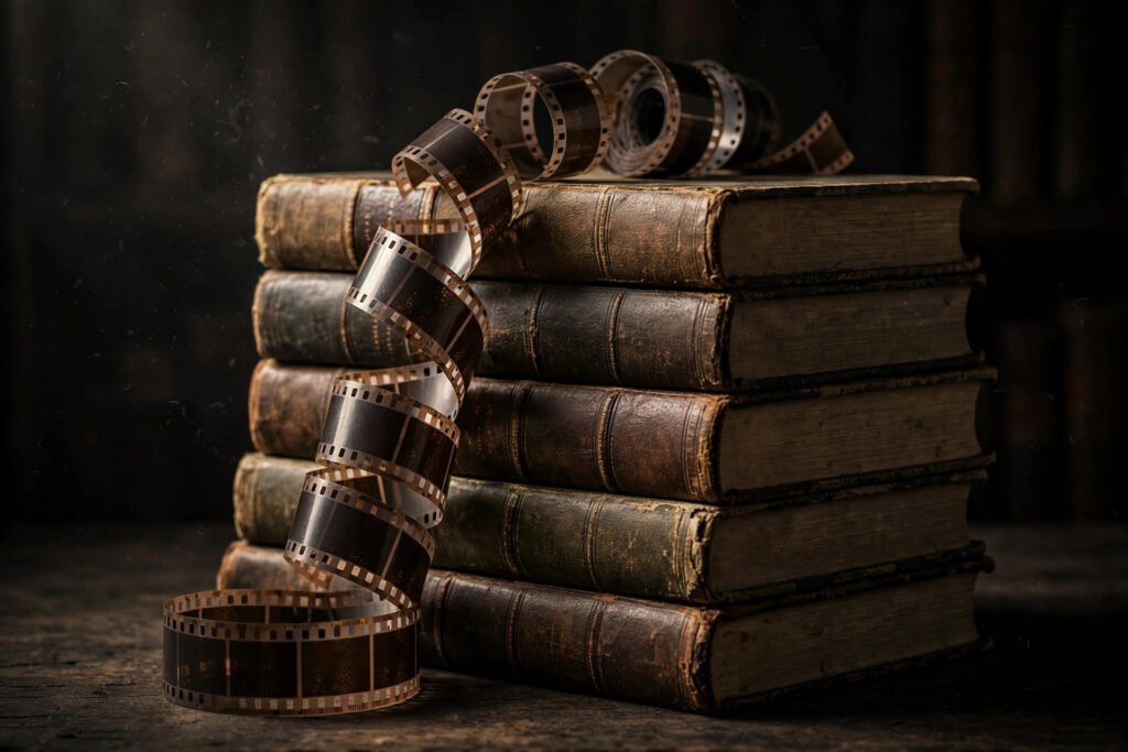 Law books and film reels